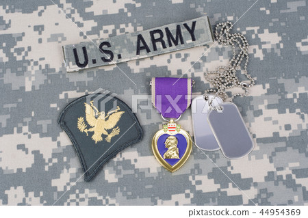 Purple Heart award with dog tags on uniform 44954369