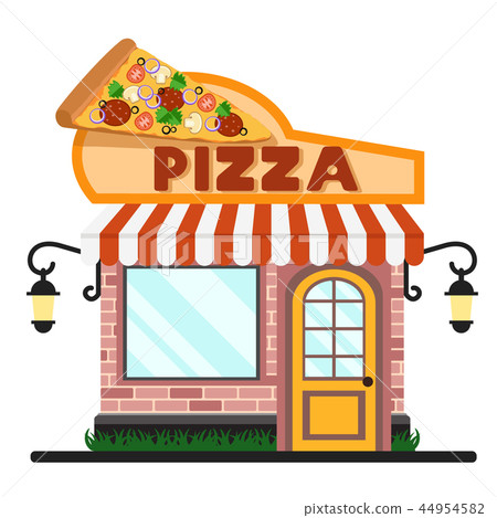 Cafe pizzeria with a slice of pizza on the roof. 44954582