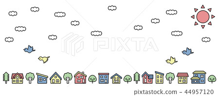 變形的房子和樹線(天空,雲彩和鳥)線描彩色和長版 變形的房子和樹線(天空,雲彩和鳥)線描彩色和長版 44957120