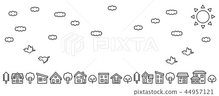 變形的房屋和樹線（天空，雲彩和鳥類）線條圖只有長版 44957121