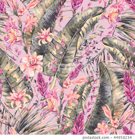Exotic natural vintage watercolor seamless pattern of blooming o Exotic natural vintage watercolor seamless pattern of blooming o 44958234
