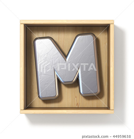 Silver metal letter M in wooden box 3D Silver metal letter M in wooden box 3D 44959638