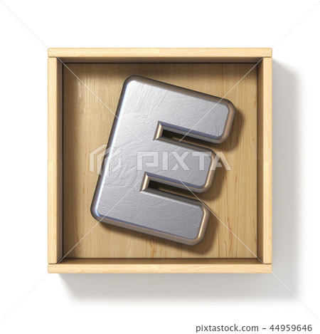 Silver metal letter E in wooden box 3D Silver metal letter E in wooden box 3D 44959646