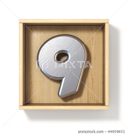 Silver metal number 9 NINE in wooden box 3D 44959651