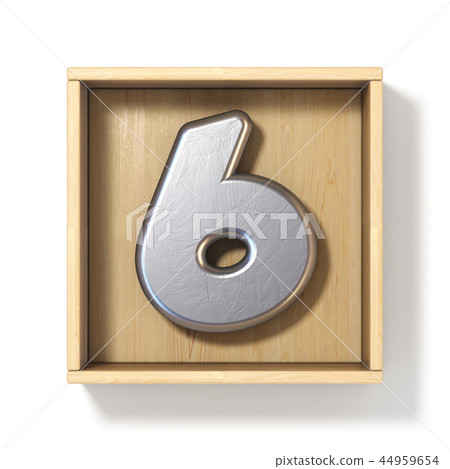 Silver metal number 6 SIX in wooden box 3D 44959654