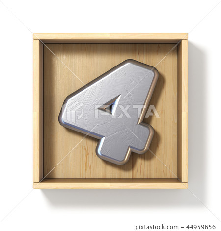 Silver metal number 4 FOUR in wooden box 3D Silver metal number 4 FOUR in wooden box 3D 44959656