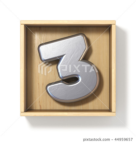 Silver metal number 3 THREE in wooden box 3D 44959657