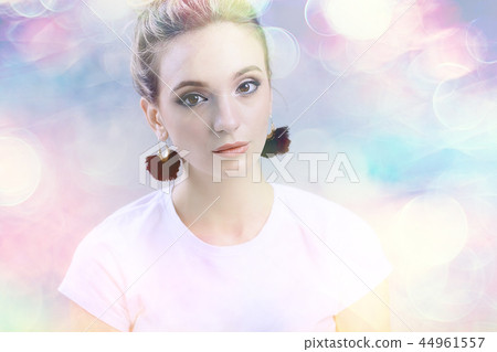 girl with summer make-up on blurred white background with pink bokeh / beautiful bright make-up, professional style glamor model 44961557