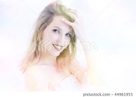 girl with summer make-up on blurred white background with pink bokeh / beautiful bright make-up, professional style glamor model 44961955
