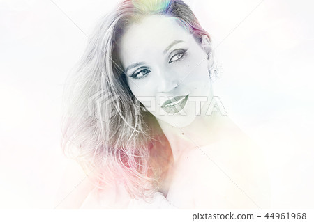 girl with summer make-up on blurred white background with pink bokeh / beautiful bright make-up, professional style glamor model 44961968