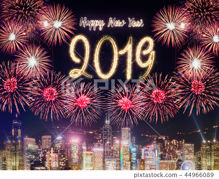Happy new year 2019 firework over cityscape 44966089