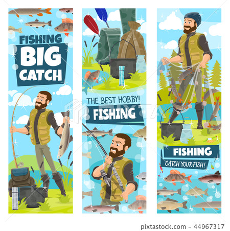 Fishing and fisher man fish catch in net banners Fishing and fisher man fish catch in net banners 44967317
