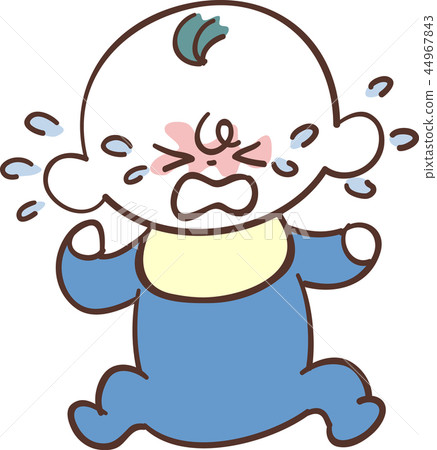 逗人喜愛的男嬰在藍色，哭泣的面孔穿戴了 44967843