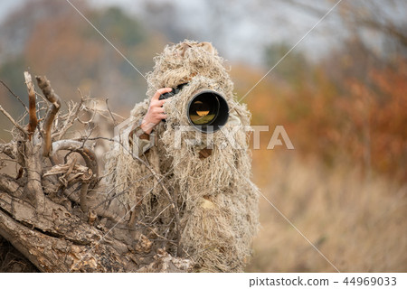 Wildlife photographer in the ghillie suit working 44969033