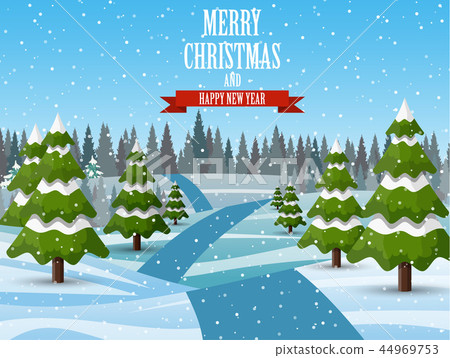 Christmas landscape background with snow and tree 44969753