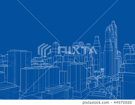 Wire-frame City, Blueprint Style. Vector Wire-frame City, Blueprint Style. Vector 44970888