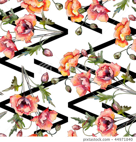 Watercolor red bouquet of poppy flower. Floral botanical flower. Seamless background pattern. 44971840