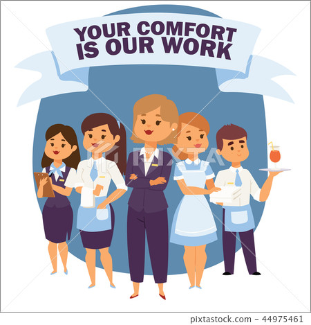 Hotel smiling staff advertising banner for hotel business. Vector illustration with administrator Hotel smiling staff advertising banner for hotel business. Vector illustration with administrator 44975461