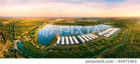 Gas power plant, splash cooling pool. Aerial view 44975463