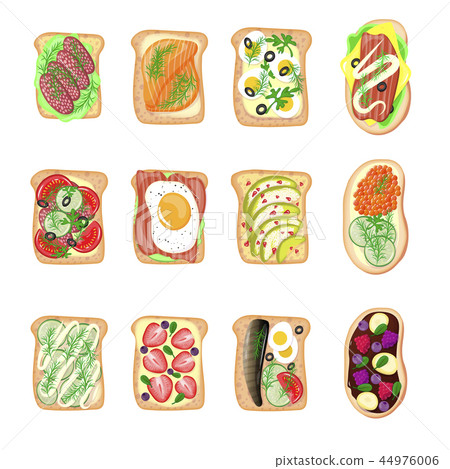 Sandwich breakfast toast set bread slices toasted crust sandwich with butter fried flat cartoon Sandwich breakfast toast set bread slices toasted crust sandwich with butter fried flat cartoon 44976006