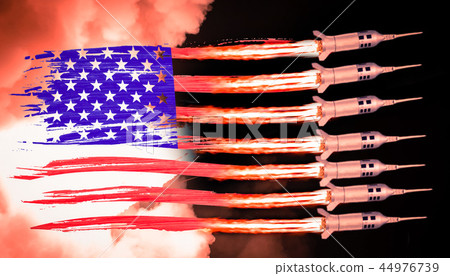 USA flag and missiles launch from the flamed strip 44976739