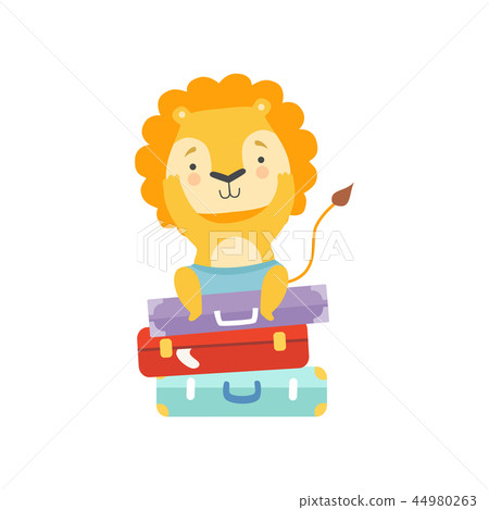 Cute tourist lion sitting on suitcases, animal cartoon character travelling on summer vacation Cute tourist lion sitting on suitcases, animal cartoon character travelling on summer vacation 44980263