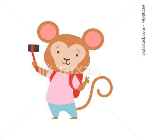 Cheerful tourist monkey with bacpack and photo camera, cute animal cartoon character travelling on Cheerful tourist monkey with bacpack and photo camera, cute animal cartoon character travelling on 44980264