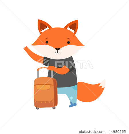 Cheerful tourist fox hitchhiking, cute animal cartoon character travelling on summer vacation vector Cheerful tourist fox hitchhiking, cute animal cartoon character travelling on summer vacation vector 44980265