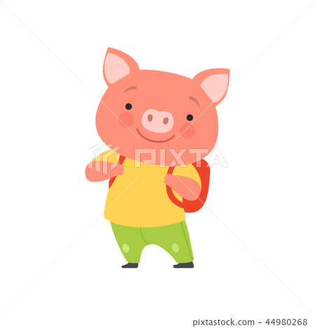 Cheerful tourist pig with backpack, cute animal cartoon character travelling on summer vacation 44980268