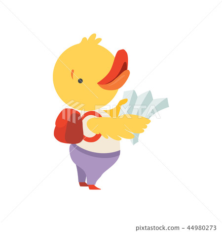 Cheerful tourist duckling with map and backpack, cute animal cartoon character travelling on summer Cheerful tourist duckling with map and backpack, cute animal cartoon character travelling on summer 44980273