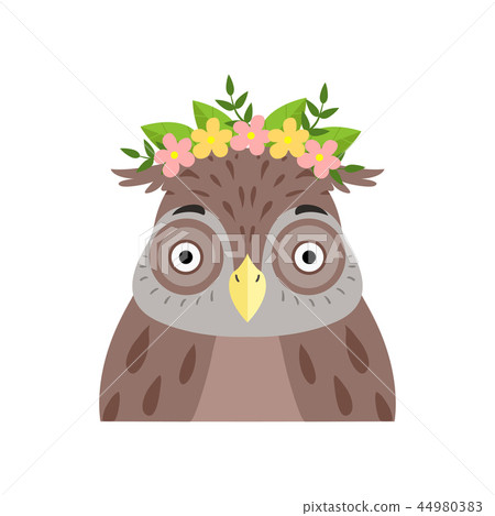 Owl wearing a wreath of flowers, cute cartoon bird character avatar vector Illustration on a white 44980383