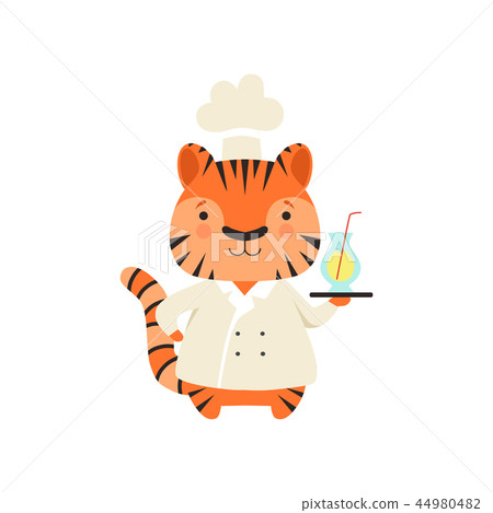 Cute tiger in chef uniform holding delicious drink, cartoon animal character cooking vector 44980482