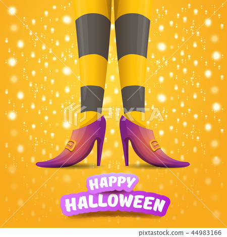 vector cartoon halloween party poster with women witch legs and vintage ribbon with text happy 44983166