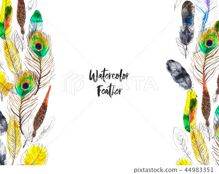 Watercolor frame with colorful feathers on... - Stock Illustration ...