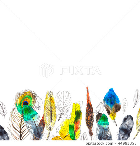 Watercolor frame with colorful feathers on... - Stock Illustration ...