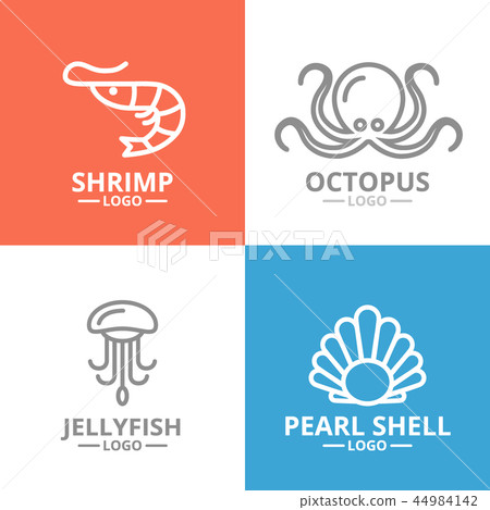 Set of jellyfish and seafood, shrimp, shell, octopus logo or insignia, emblems, labels and badge. 44984142
