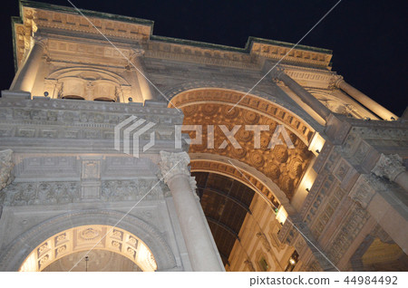 Milan 05 Oct 2018 - the arch of the Galleria Vittorio Emanuele II in the background of the black sky Milan 05 Oct 2018 - the arch of the Galleria Vittorio Emanuele II in the background of the black sky 44984492