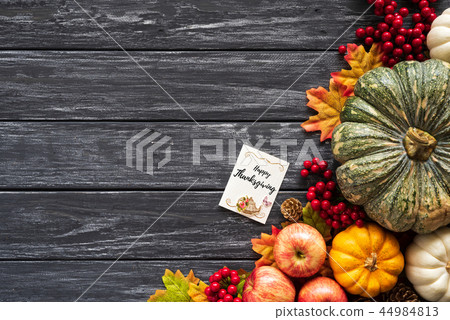 Top view of Autumn maple leaves with Pumpkin Top view of Autumn maple leaves with Pumpkin 44984813