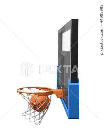 3d rendering of a basketball ball falling inside a basket attached to a transparent backboard. 3d rendering of a basketball ball falling inside a basket attached to a transparent backboard. 44985998