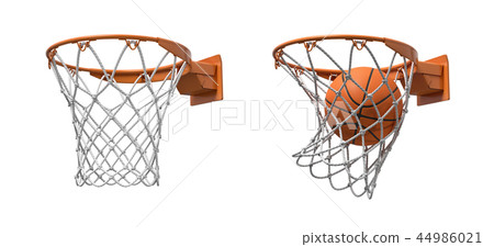 3d rendering of two basketball nets with orange hoops, one empty and one with a ball falling inside. 44986021