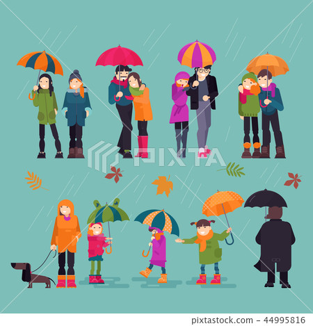 People in rain vector man woman characters holding umbrella walking with kids dog in autumn rainy People in rain vector man woman characters holding umbrella walking with kids dog in autumn rainy 44995816