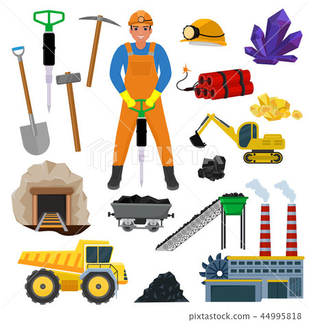 Miner vector mine worker builder character in helmet mining coal minerals in rocks tunnel with 44995818