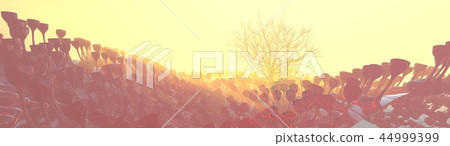 Mountain, fog, mist abstract meadow field full of strange vegetation in form of wine glasses and lit Mountain, fog, mist abstract meadow field full of strange vegetation in form of wine glasses and lit 44999399