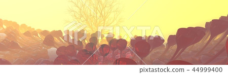 Mountain, fog, mist abstract meadow field full of strange vegetation in form of wine glasses and lit Mountain, fog, mist abstract meadow field full of strange vegetation in form of wine glasses and lit 44999400