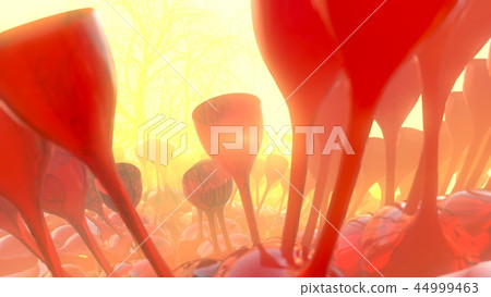 Mountain, fog, mist abstract meadow field full of strange vegetation in form of wine glasses and lit Mountain, fog, mist abstract meadow field full of strange vegetation in form of wine glasses and lit 44999463