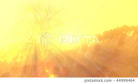 Mountain, fog, mist abstract meadow field full of strange vegetation in form of wine glasses and lit 44999464