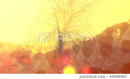 Mountain, fog, mist abstract meadow field full of strange vegetation in form of wine glasses and lit 44999465