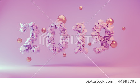Happy New Year Banner with 2019 trendy pink color Numbers made by shattered cracked stone on study 44999793