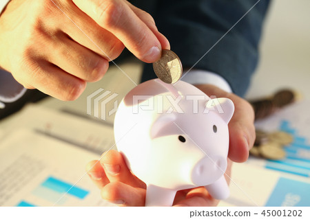 Hand businessman putting pin money into pig Hand businessman putting pin money into pig 45001202