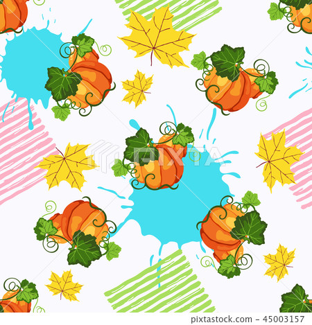 Seamless pattern pumpkin, paint splash fall leaves Seamless pattern pumpkin, paint splash fall leaves 45003157